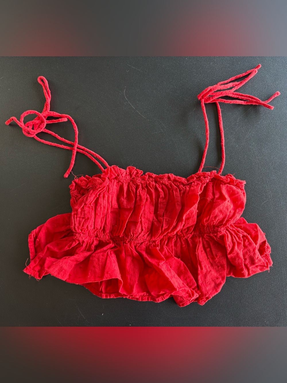SHEIN Red Smocked Ruffle Tie-Shoulder Crop Top